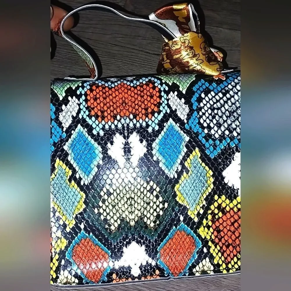 Women's Mini Snakeskin Embossed Handbag, Twilly Scarf Decor Flap Square Purse